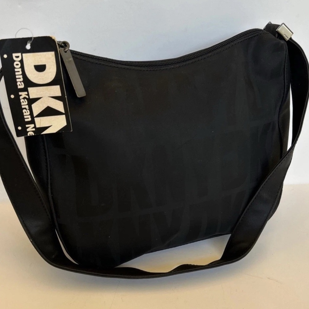 DKNY Black Logo Print Shoulder Bag Purse Zipper Baguette Monogram Zip Y2K